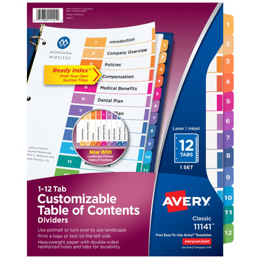 Avery 12 Tab Dividers for 3 Ring Binders, Customizable Table of Contents, Multicolor Tabs, 1 Set (11141) 12 tabs